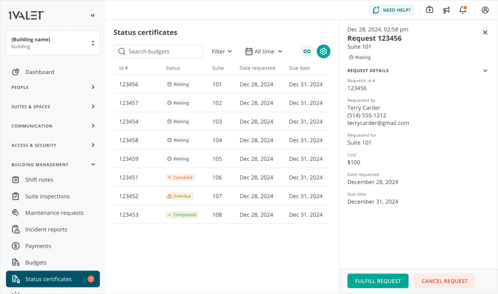 Status Certificates Settings - 1VALET