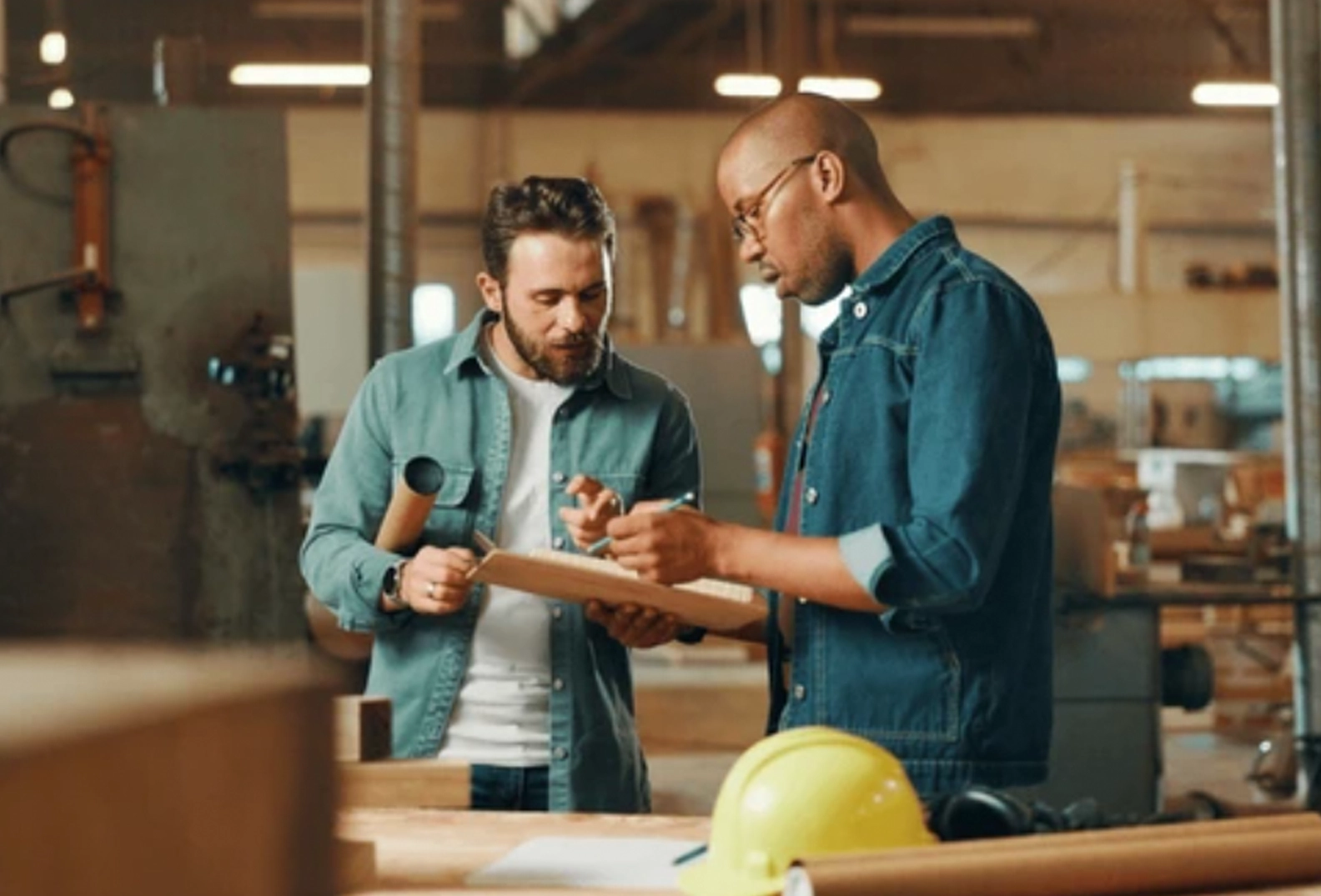 Two men looking at paperwork on a clipboard