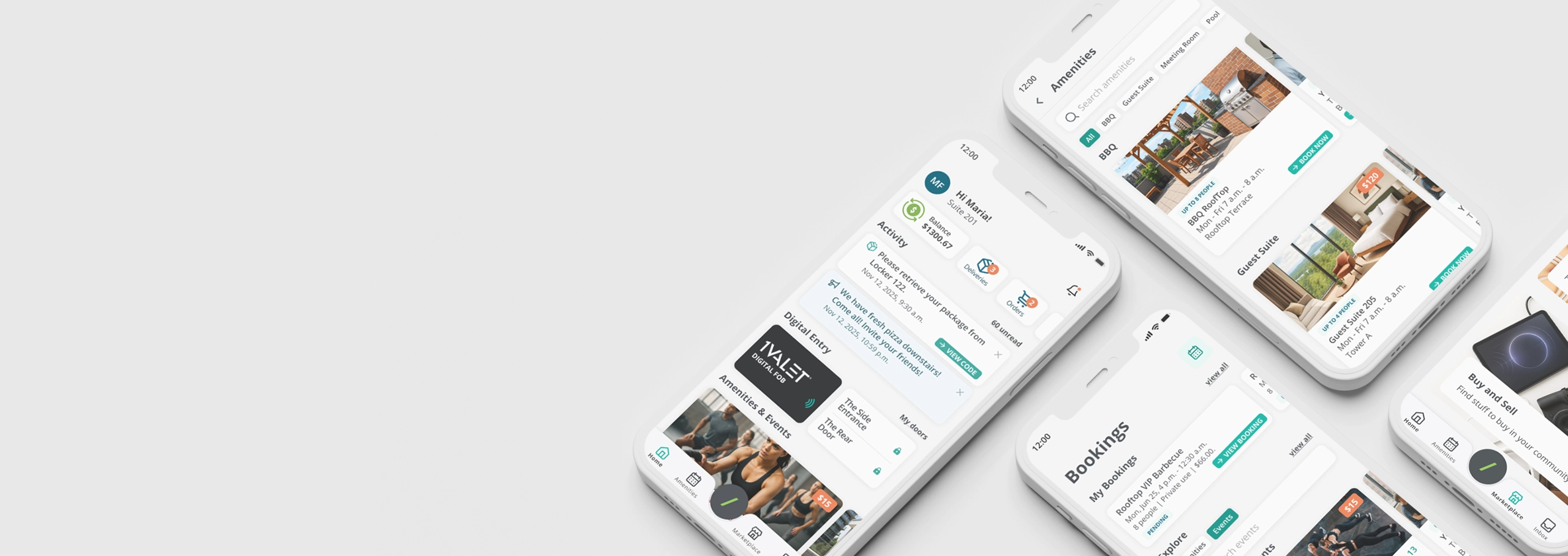 Mockup of iPhones with the 1VALET resident experience app on them