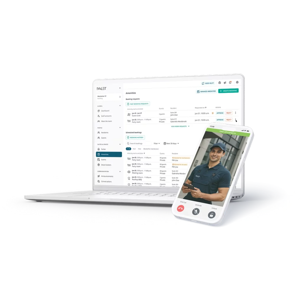 Computer screen mockup with 1VALET desktop UI on it and a smart phone placed in front of the computer