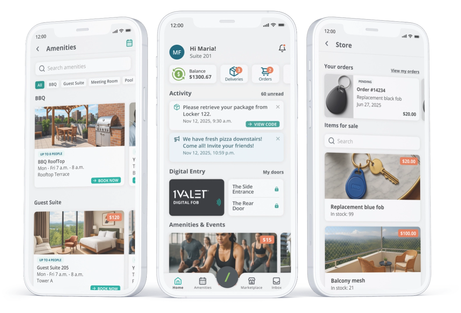 Three smartphones with 1VALET's resident app UI on the screen
