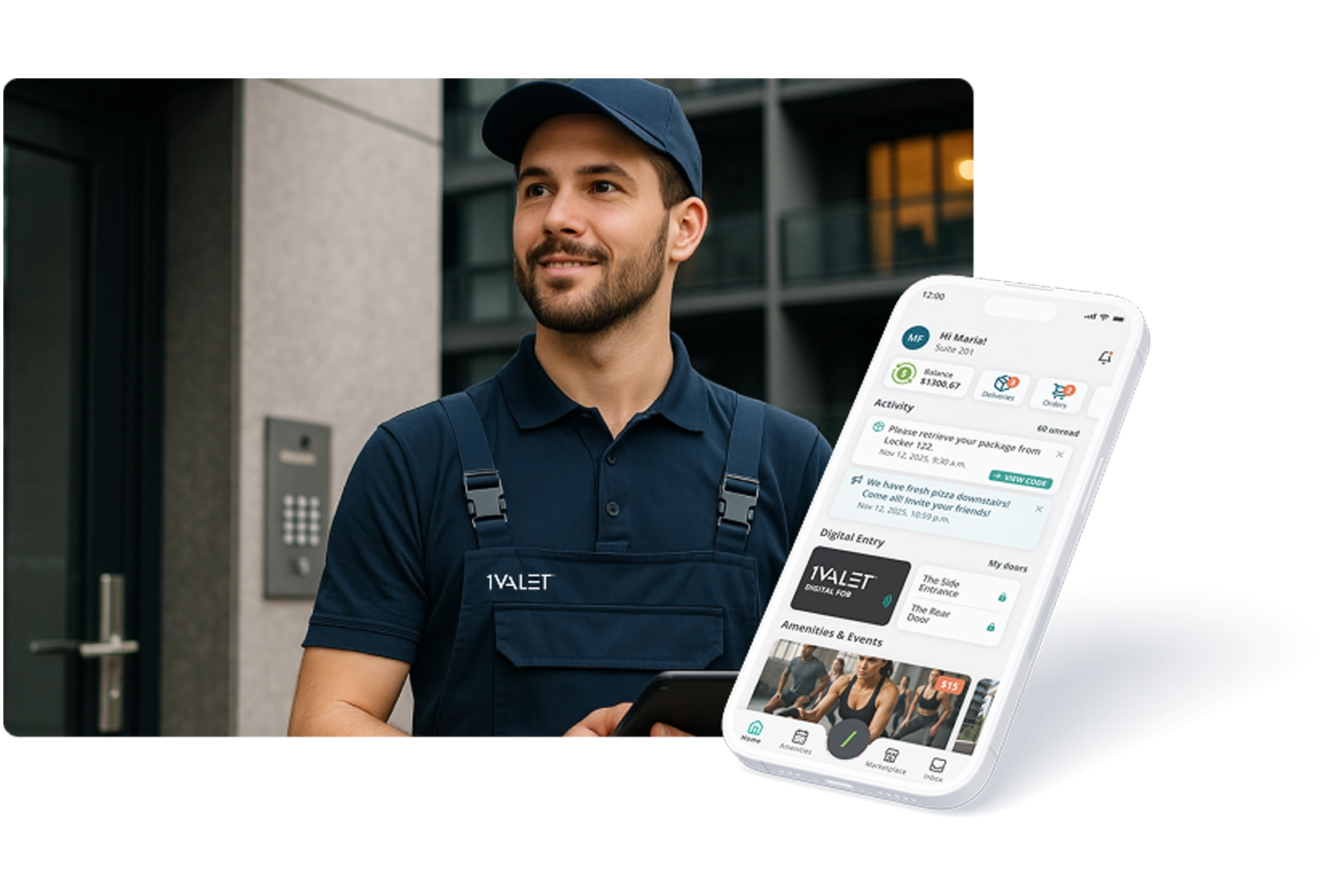 Service man in a dark blue shirt with a 1VALET logo on it, and a smartphone positioned overtop of the image